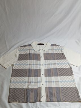 Louis Vuitton Cream, Brown and Light Blue Plaid Short Sleeve Polo